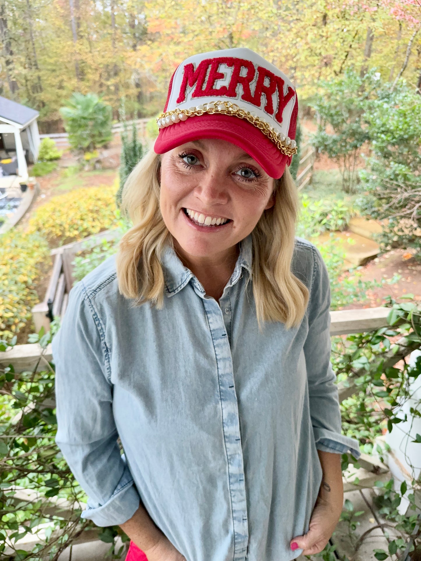 Christmas hat red and white Merry patch ( trucker chain sold separately)