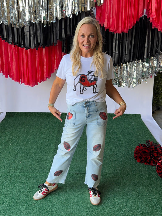 Denim jeans sequin red footballs