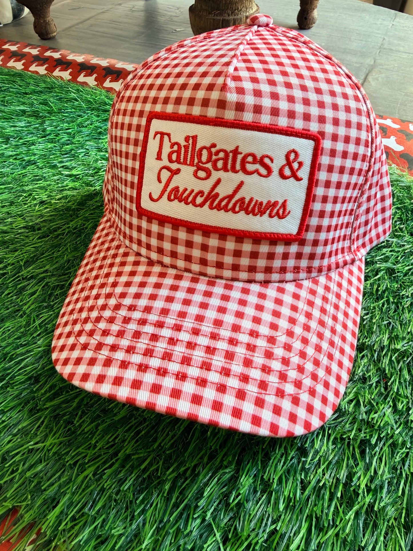 Red and white gingham hat