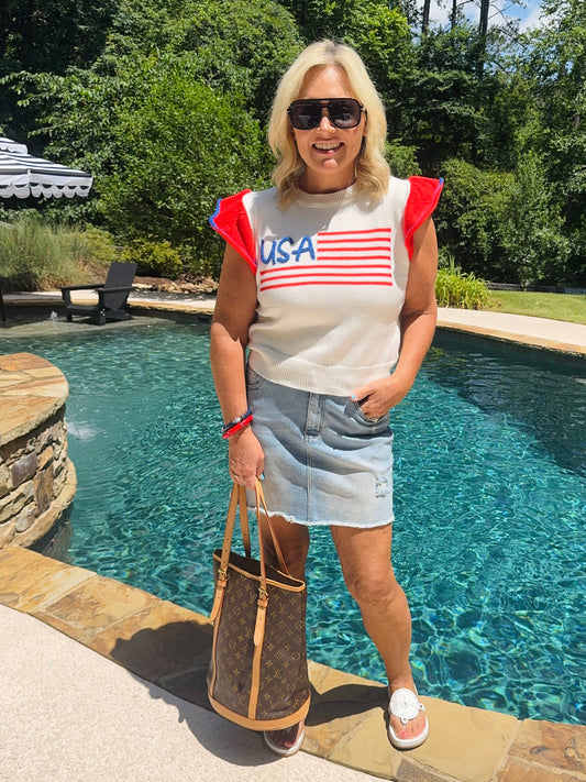 White flag USA knit top with ruffle flutter sleeves marked down