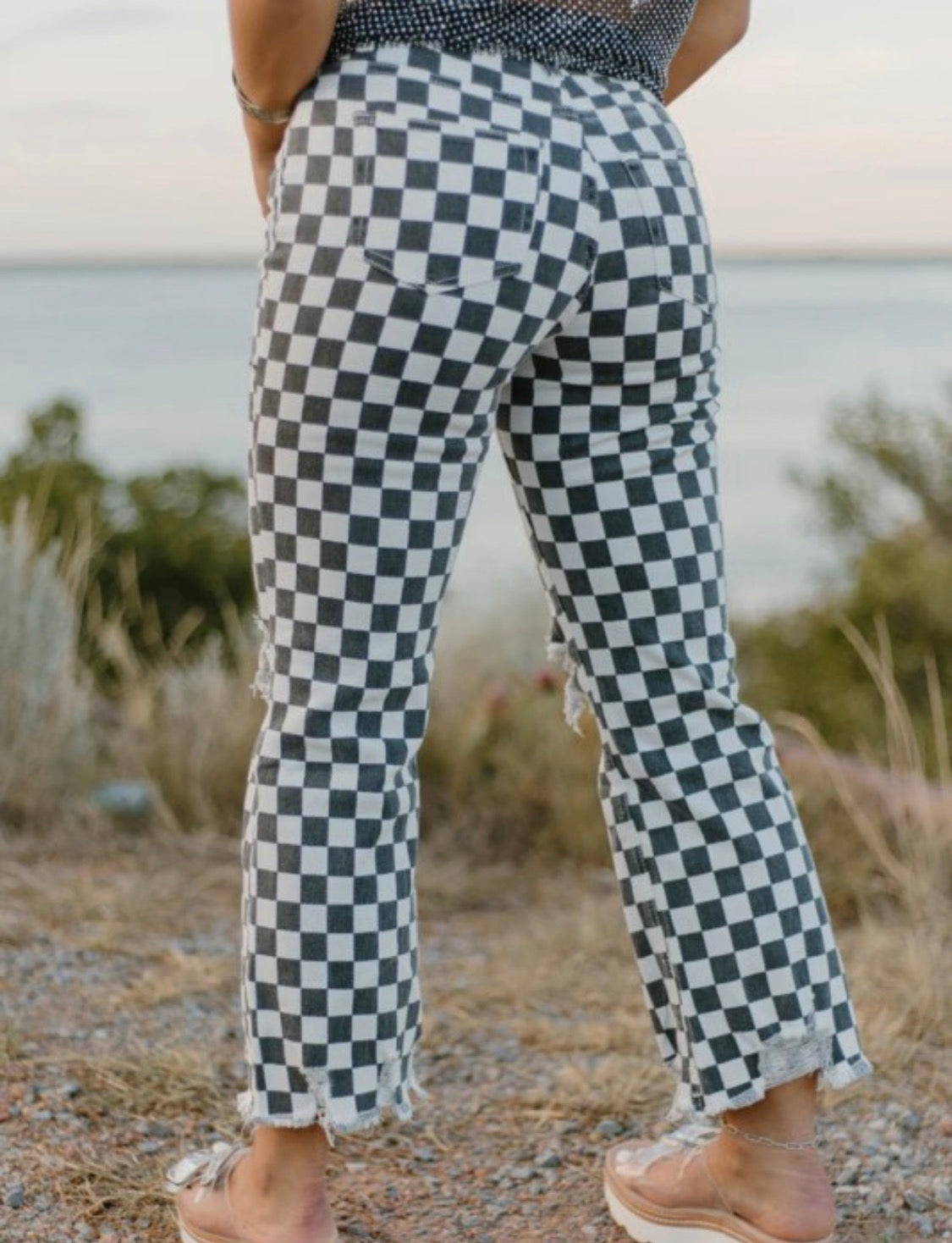 Game day black and white checked distressed raw edge jeans