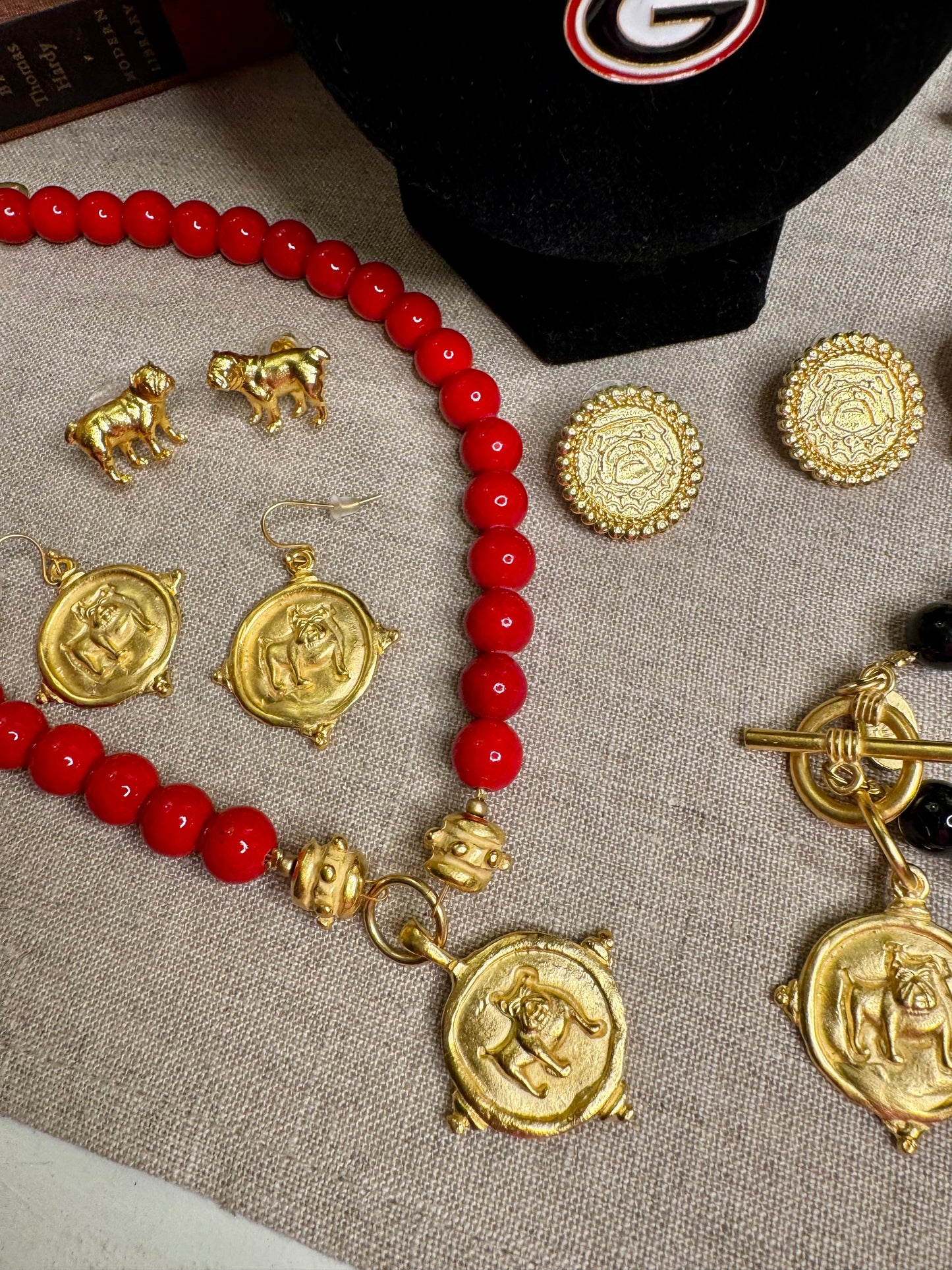 Susan Shaw Red coral gold bulldog medallion necklace