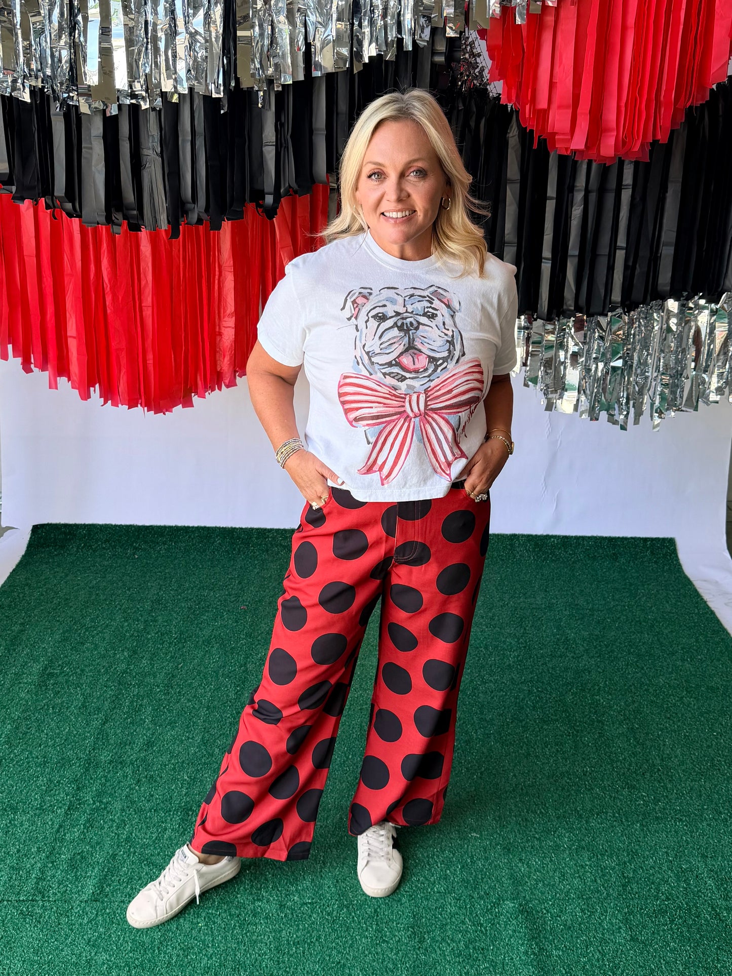 Black and red polka dot pants