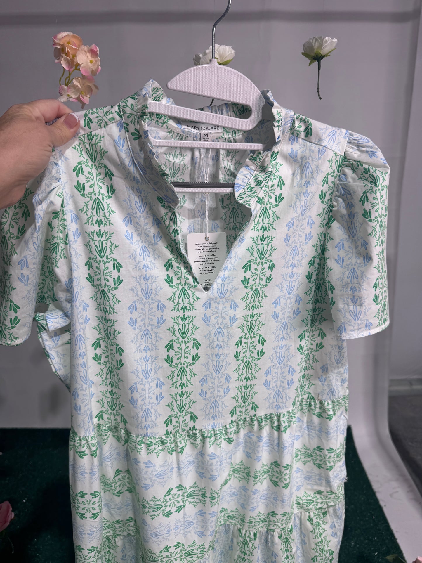 Green and blue and white short sleeve dress up to 2X