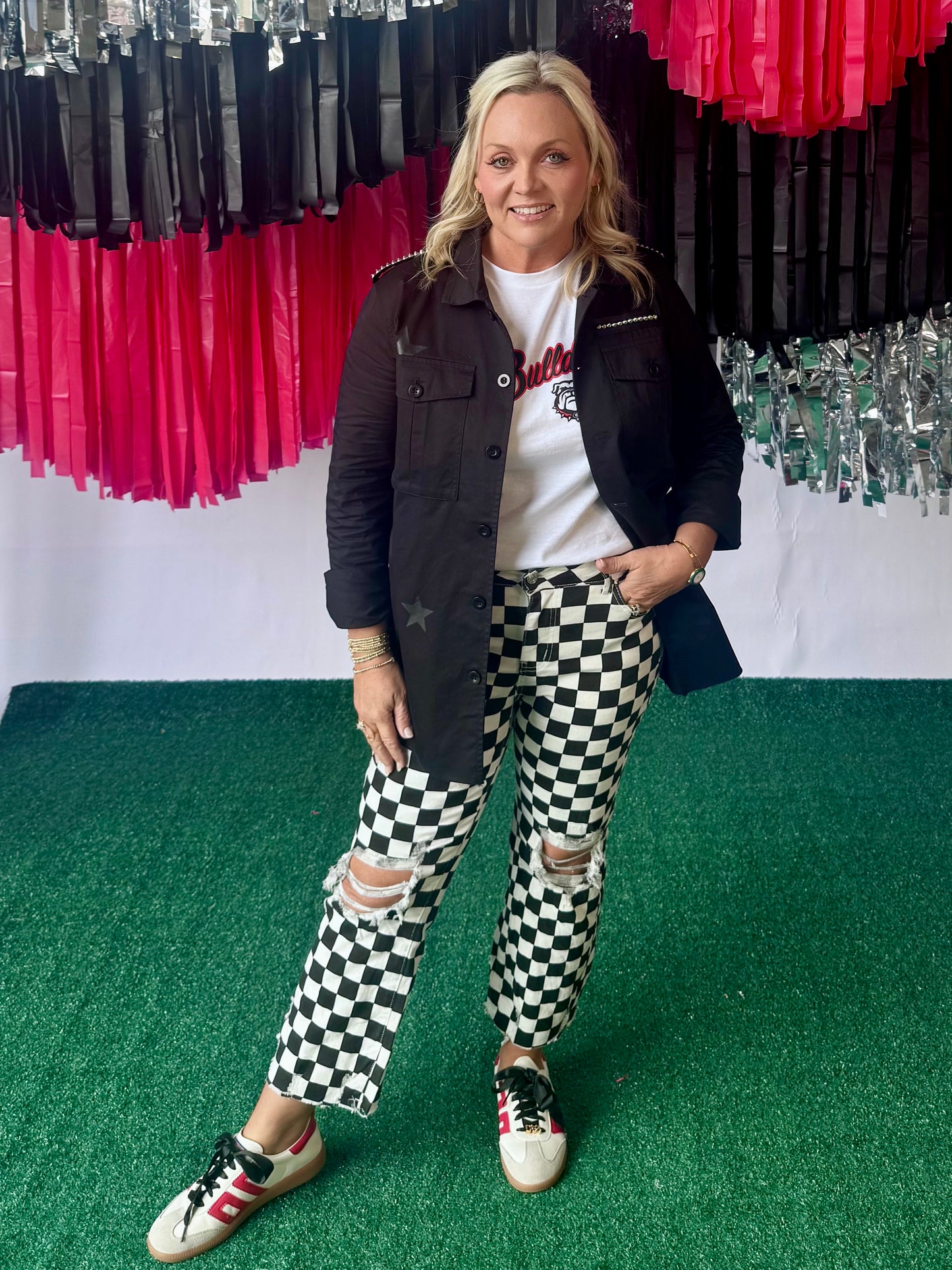 Game day black and white checked distressed raw edge jeans