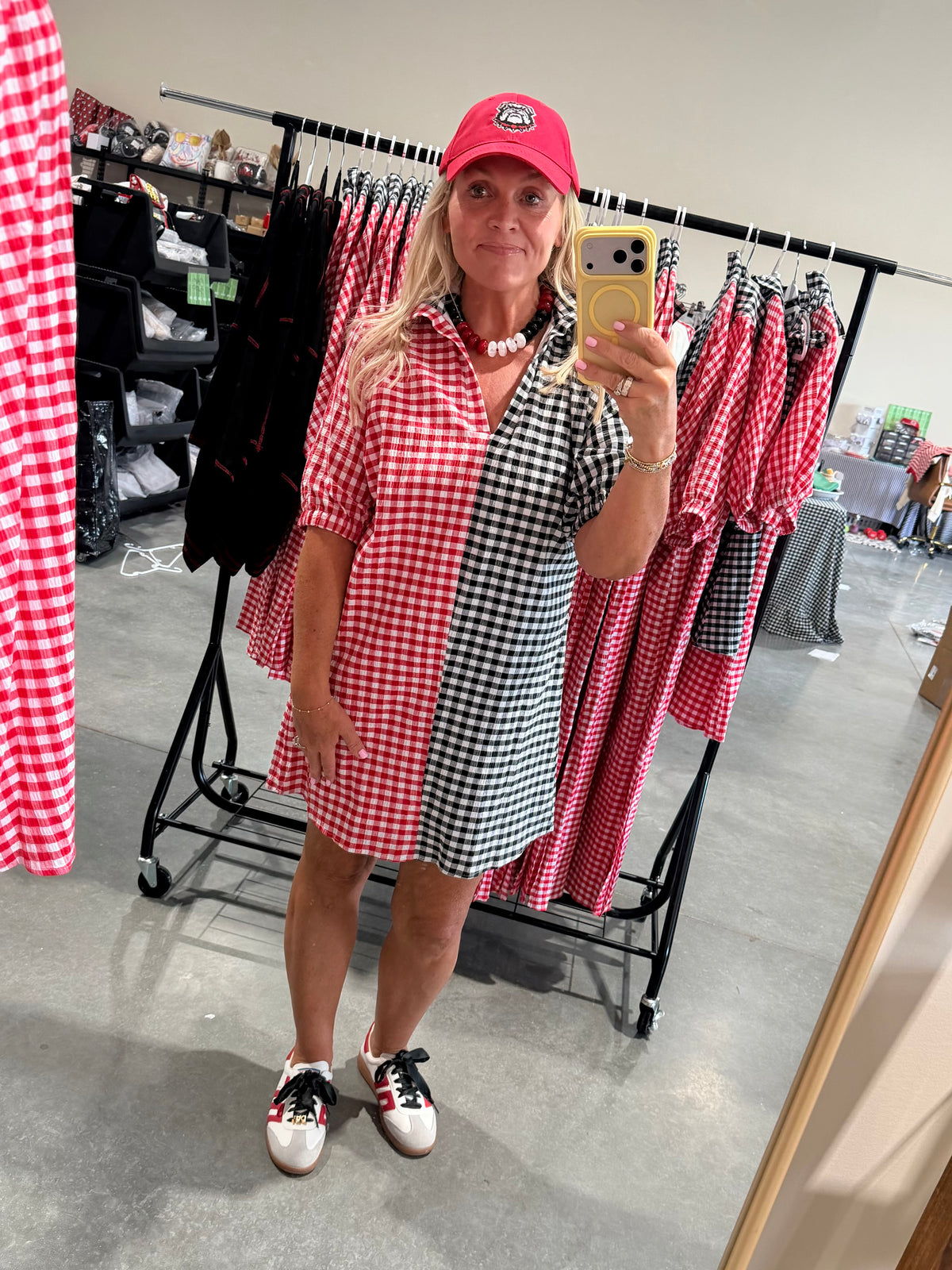 Gingham black and red and white shorter version dress