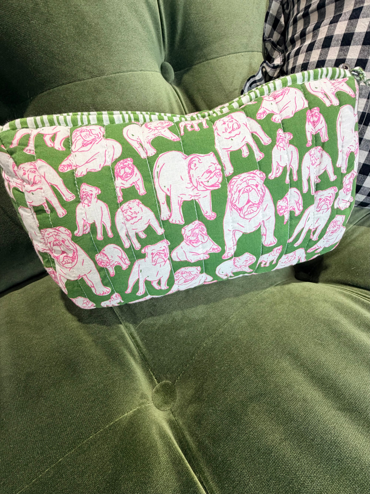 Green and pink quilted bulldog cosmetic bag