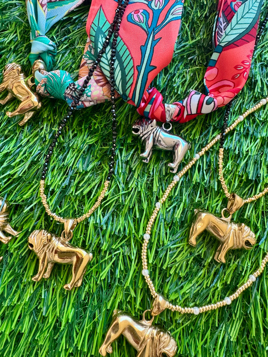 Bulldog charm ( full body) on gold beaded necklace