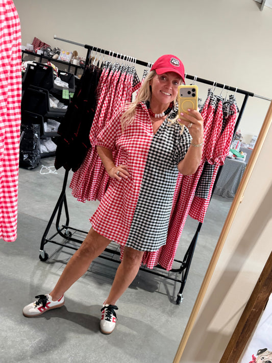 Gingham black and red and white shorter version dress