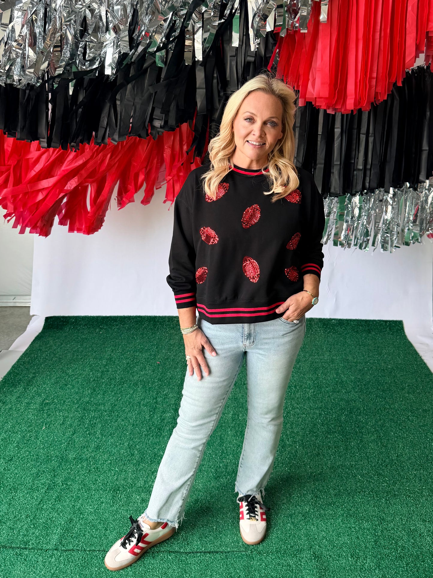 Black and red football sequin boutique luxury sweatshirt