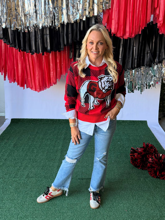 Licensed black and red sweater sequin bulldog
