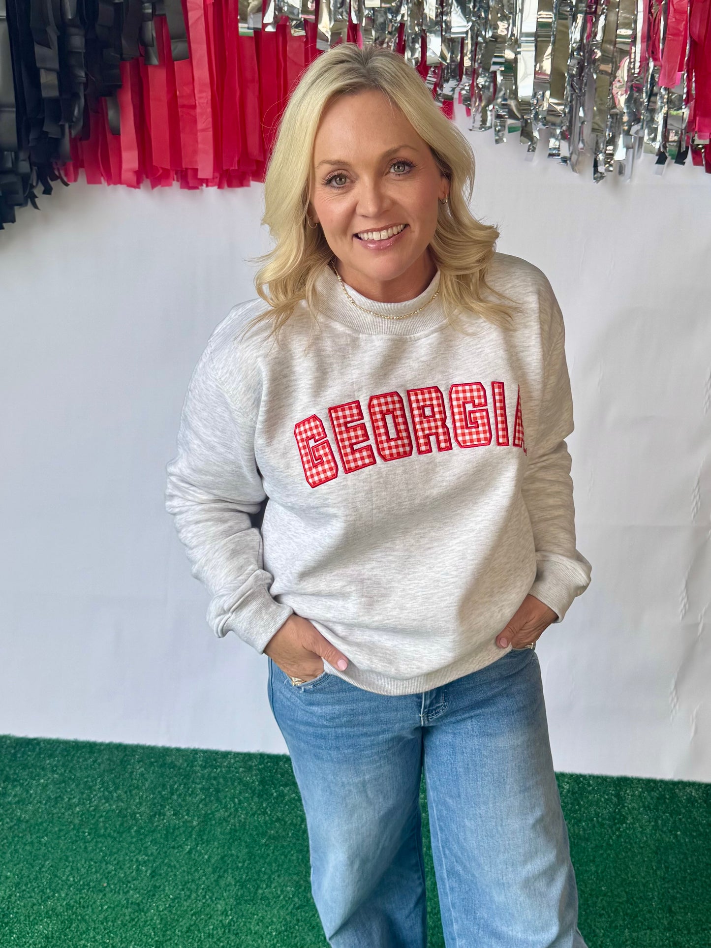 Licensed mock neck ash gray gingham embroidered Georgia