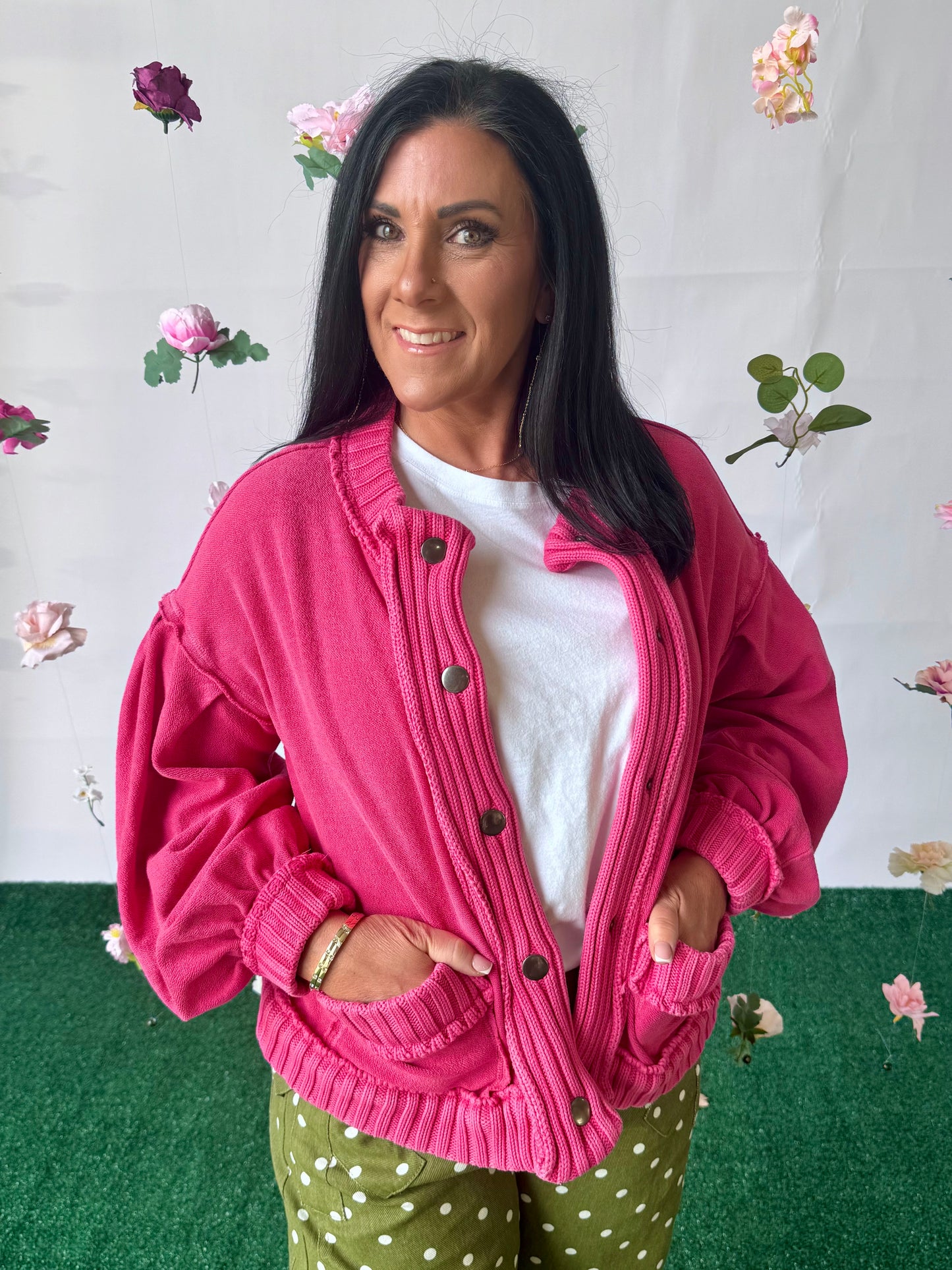 Fushia pink cardigan sweater. free P dupe