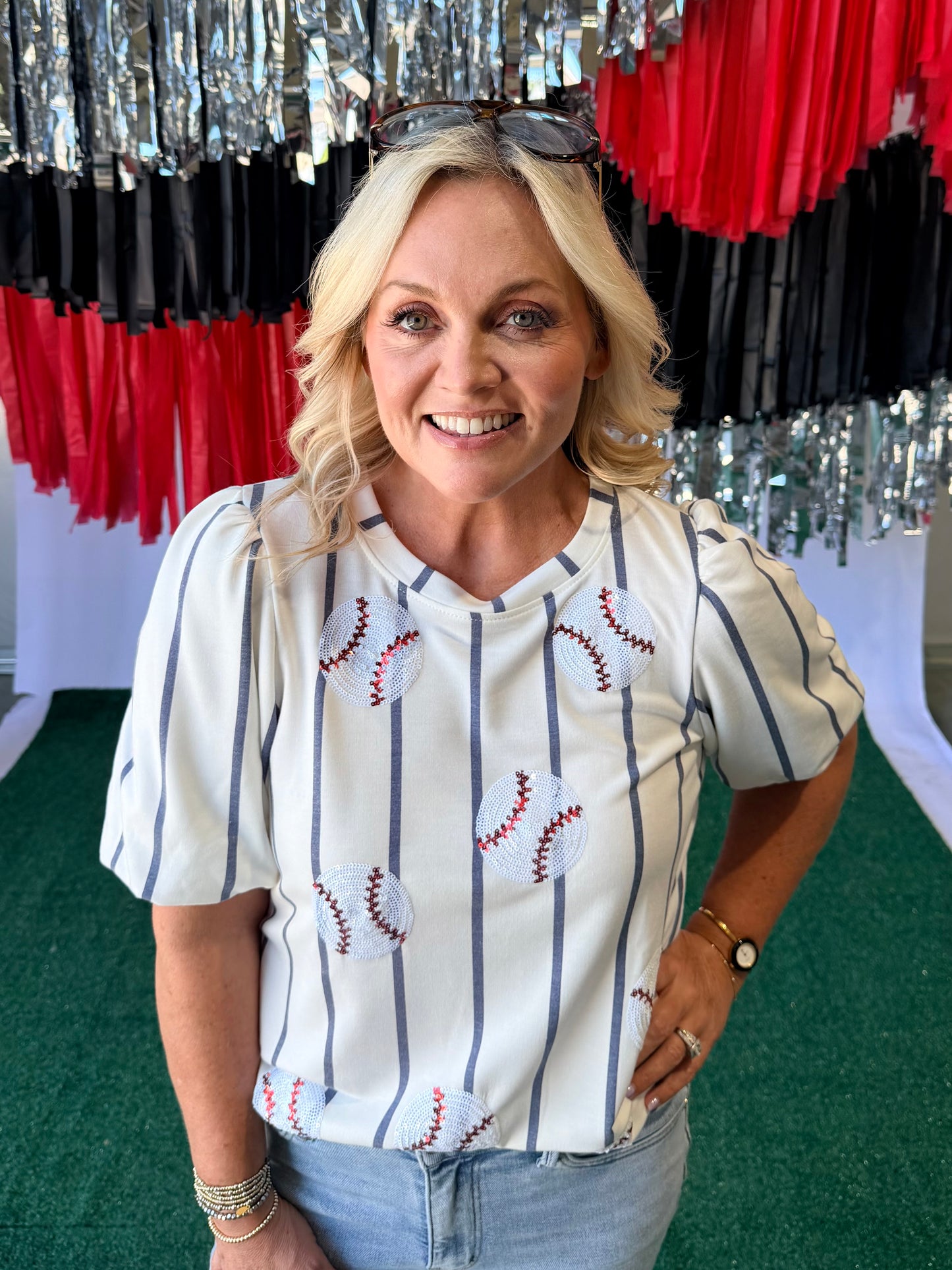 Sequin baseball ⚾️ top Super soft pinstripe white and navy warehouse sale clearance marked down