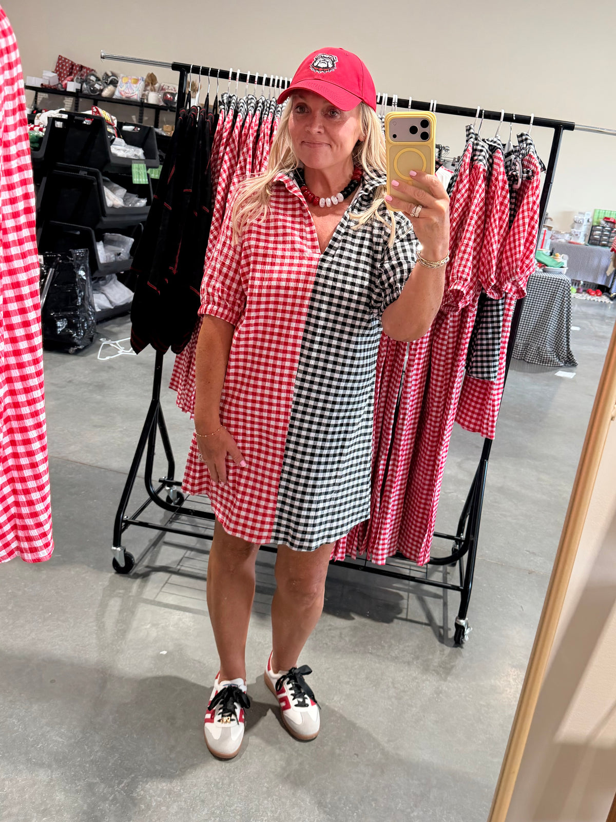 Gingham black and red and white shorter version dress