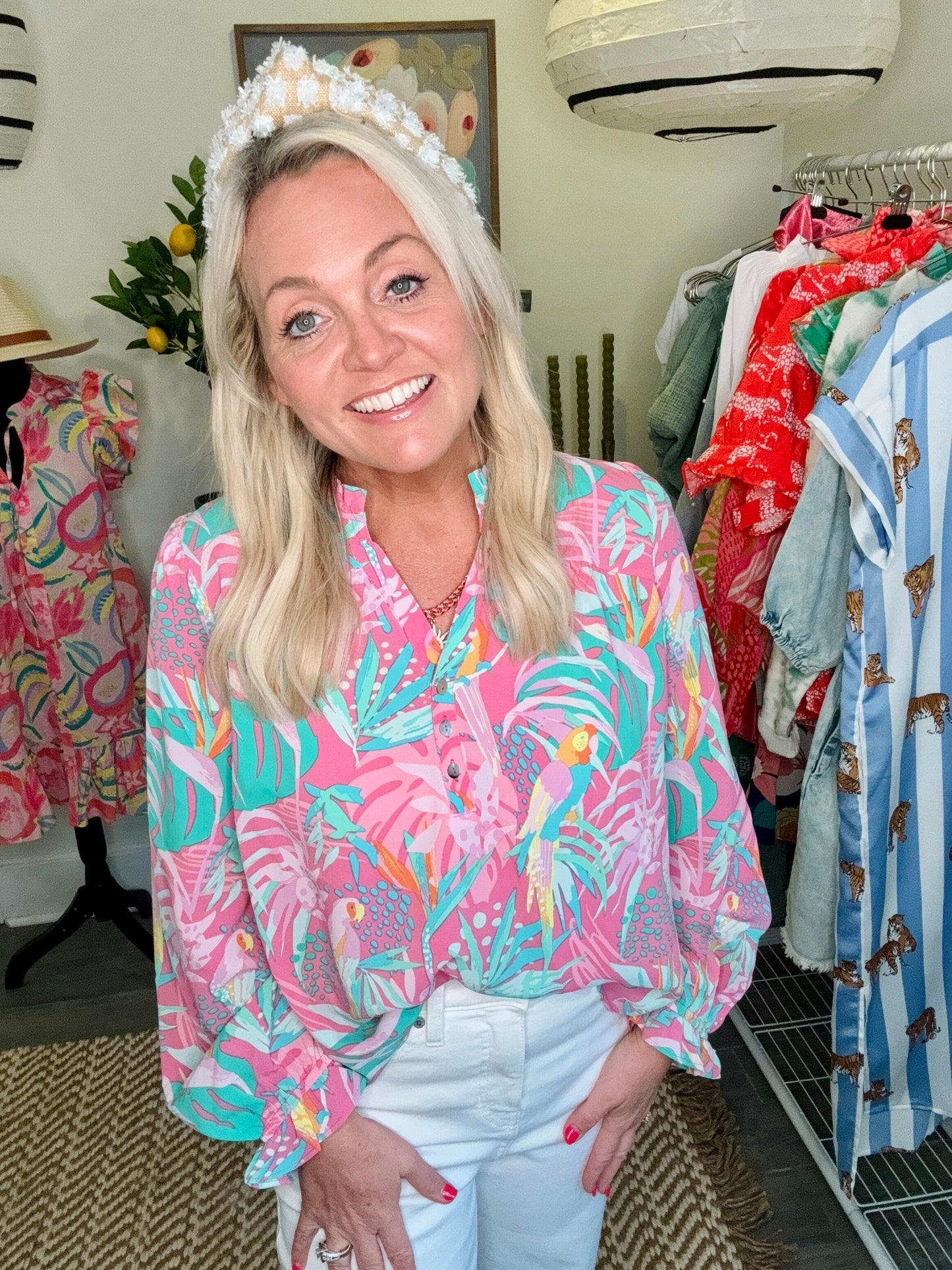 Blouse pink birds tropical warehouse sale