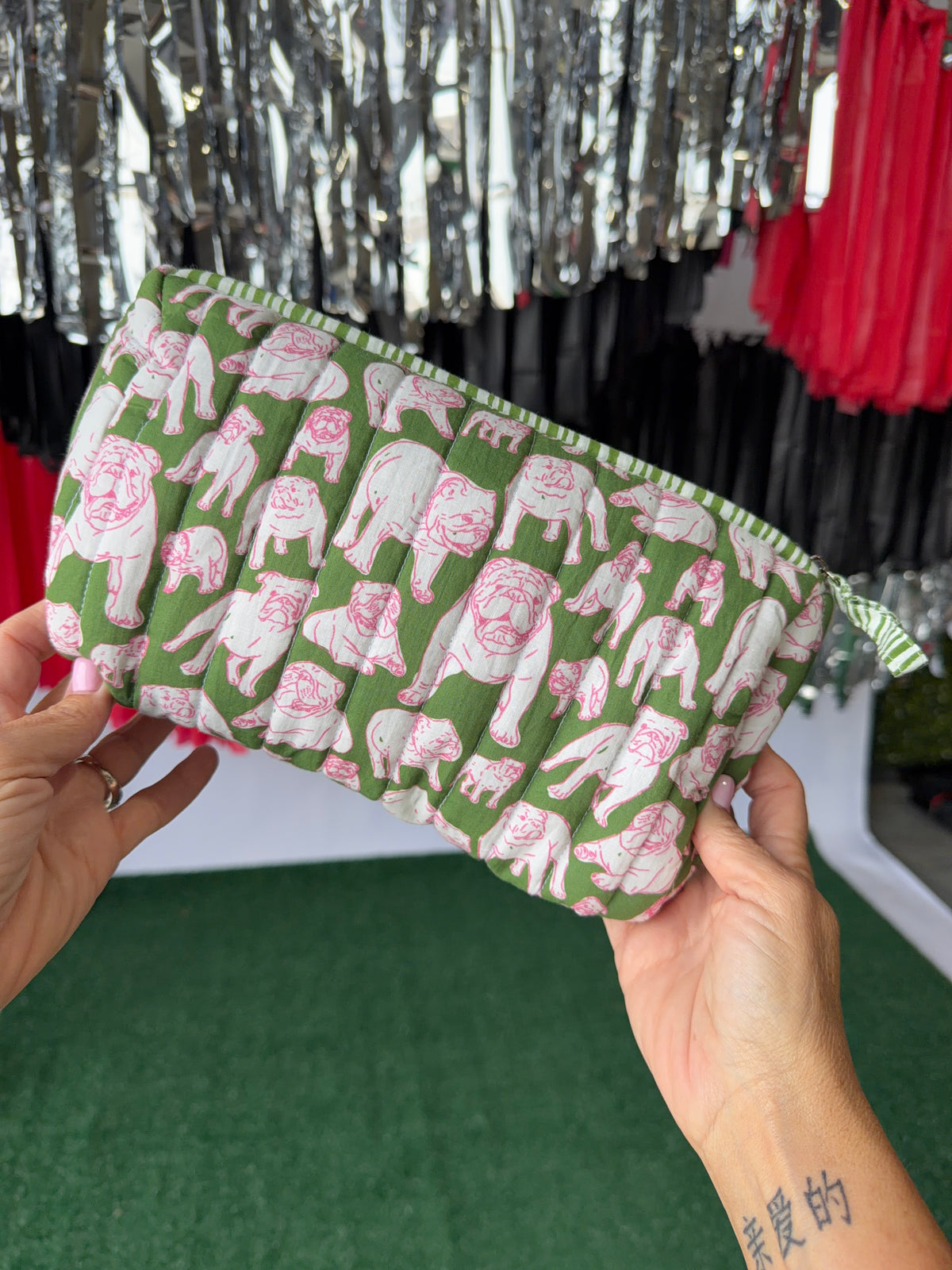 Green and pink quilted bulldog cosmetic bag