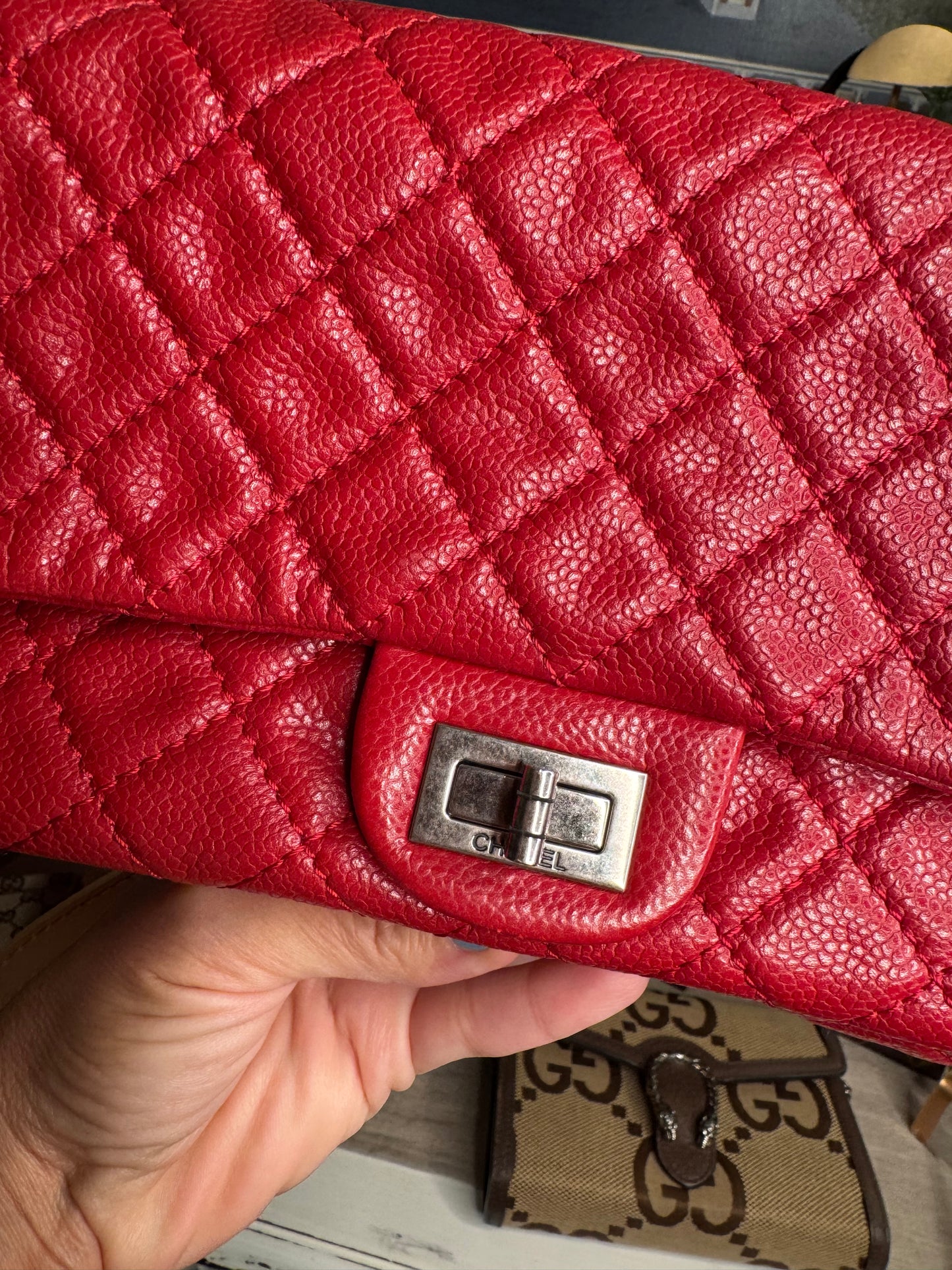 pre loved Chanel Red Hishige Caviar Shoulder Bag Silver Shoulder Back Bag Red Shoulder Bag Caviar (grained Calf) AB