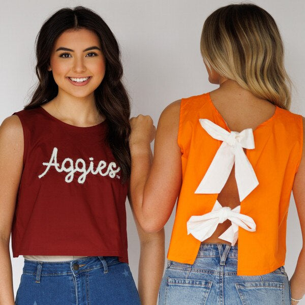 Rope script tie back cropped tank with bows