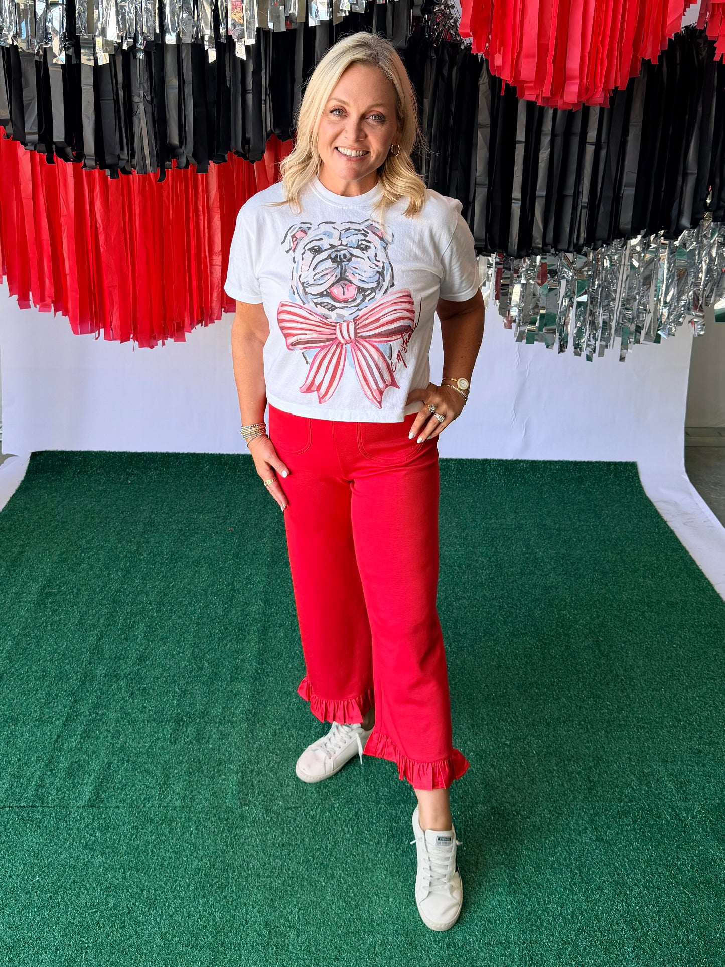 Red ruffle pants