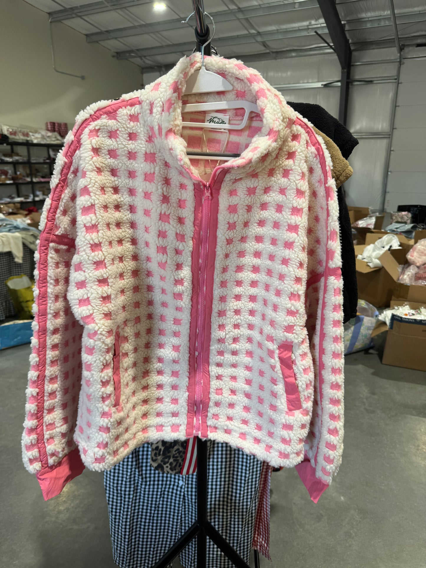 Pink and cream checked Sherpa jacket