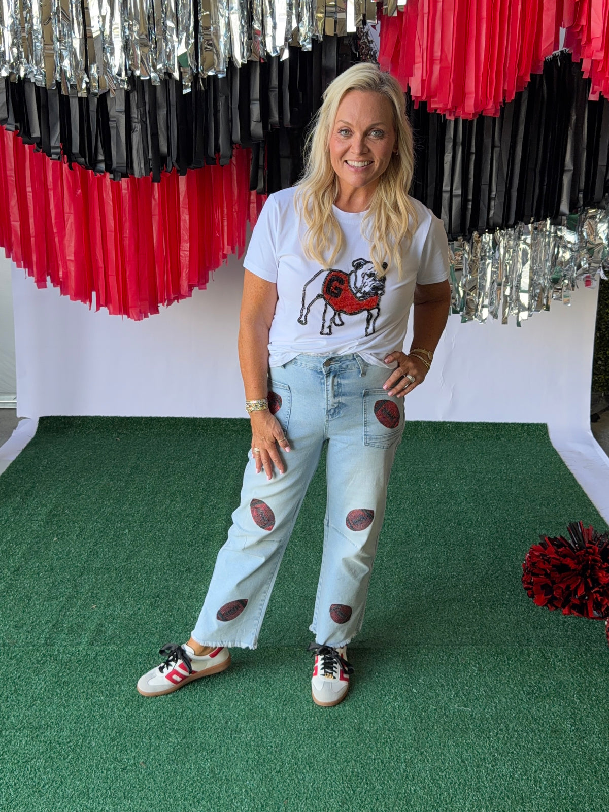 Denim jeans sequin red footballs