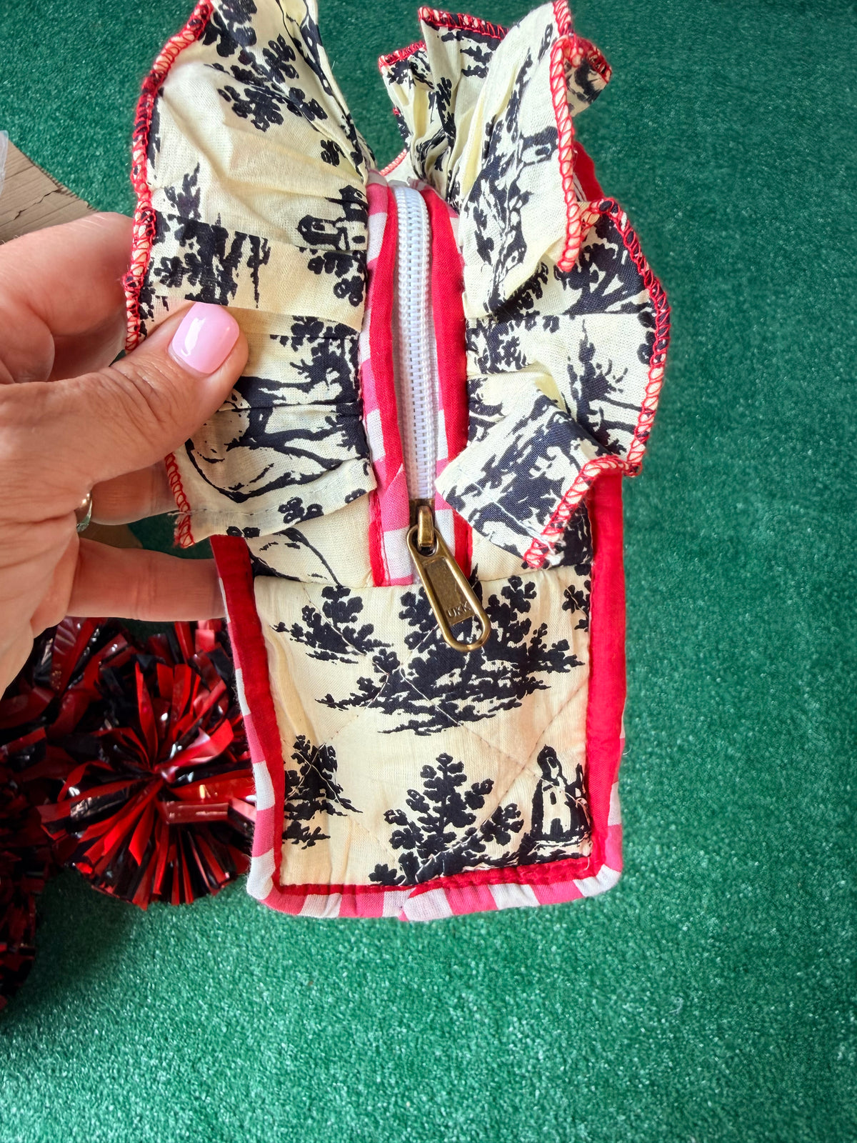 Exclusive bulldog toile cosmetic bag with ruffle