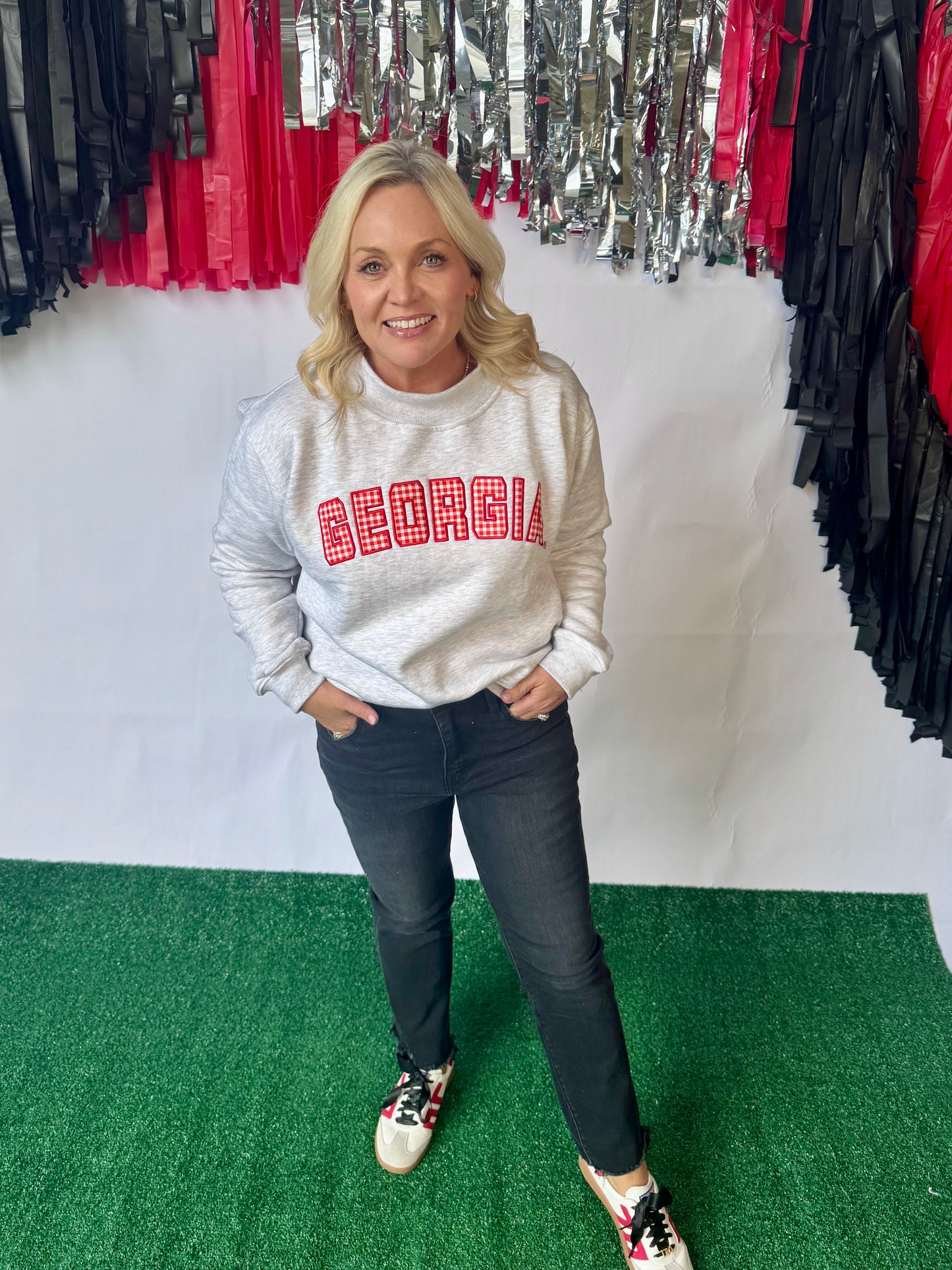 Licensed mock neck ash gray gingham embroidered Georgia