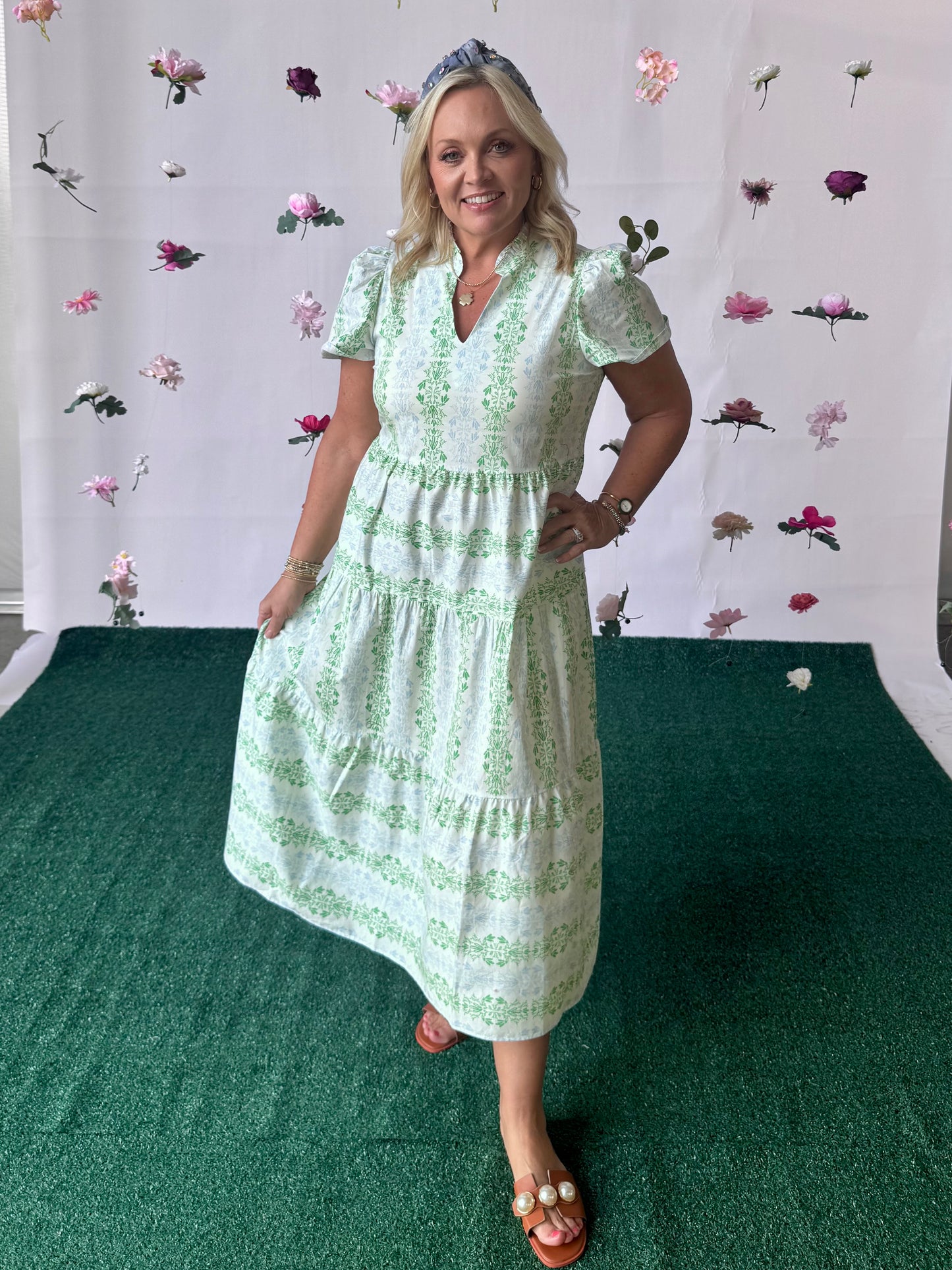 Green and blue and white short sleeve dress up to 2X