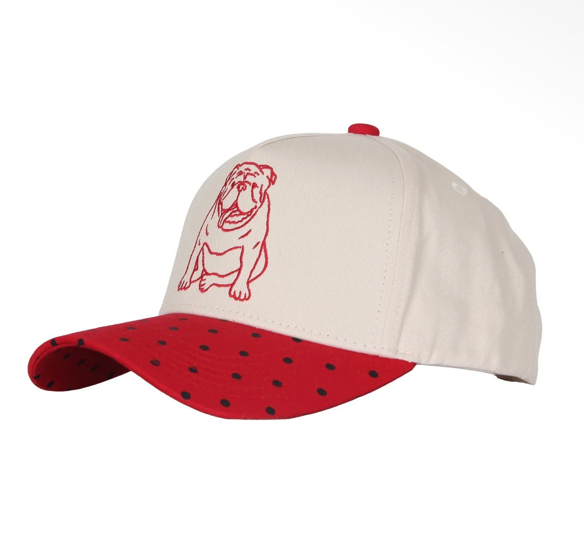 Bulldog hat cream,red and black