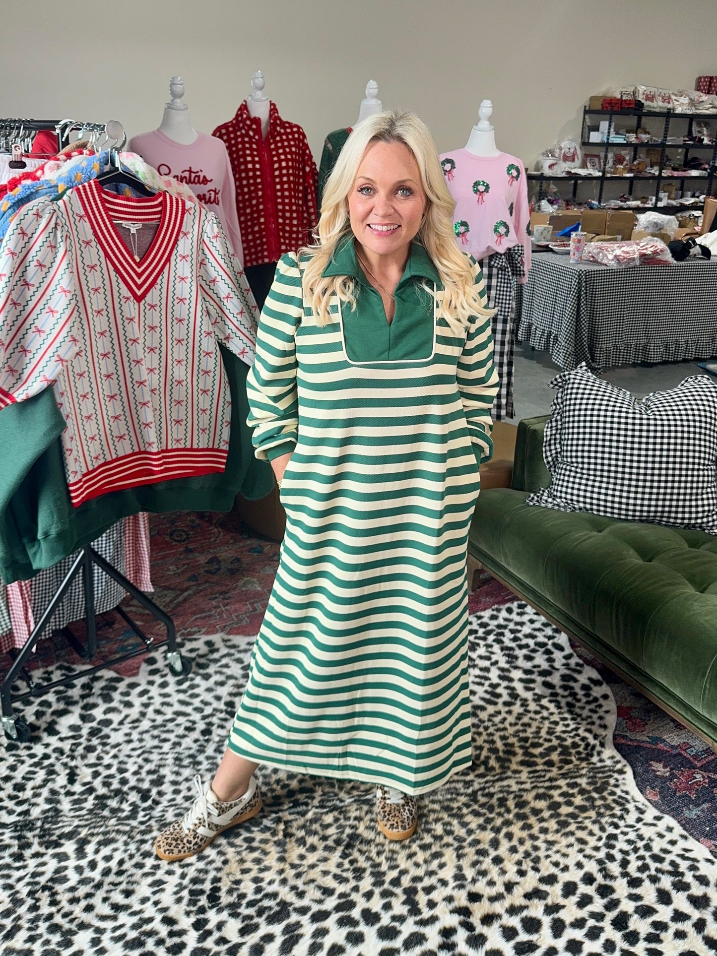 Green stipe dress midi