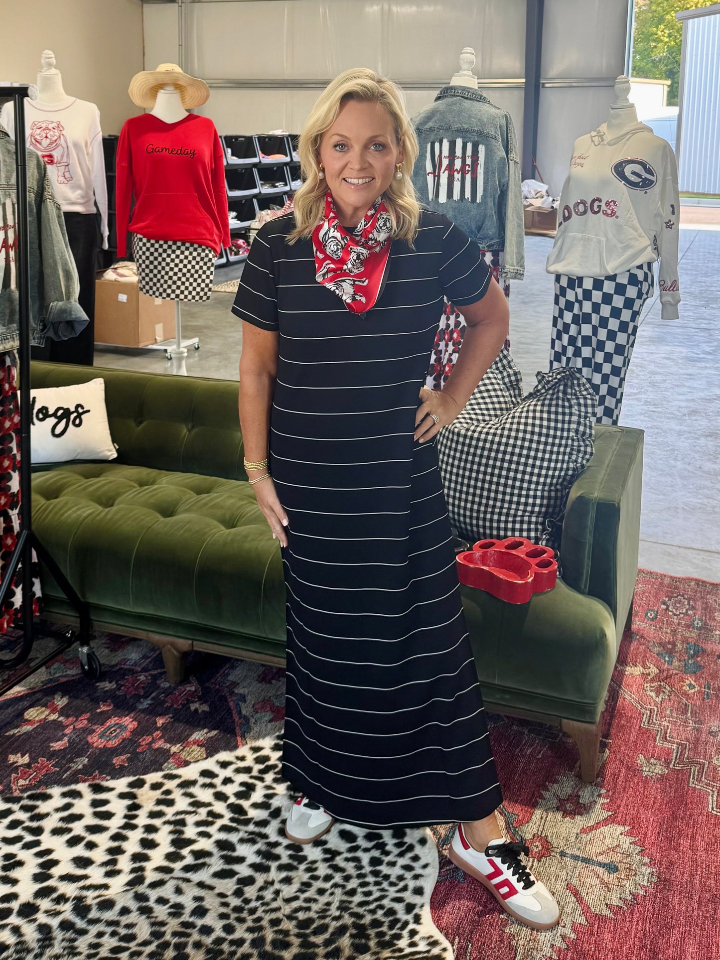 Modal scuba black and white striped maxi dress