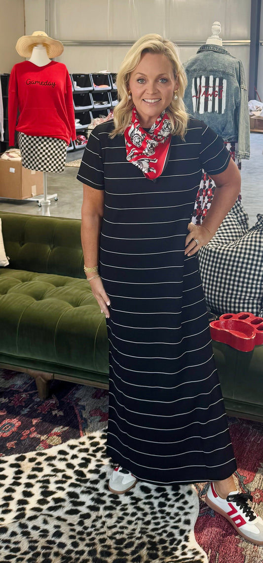 Modal scuba black and white striped maxi dress