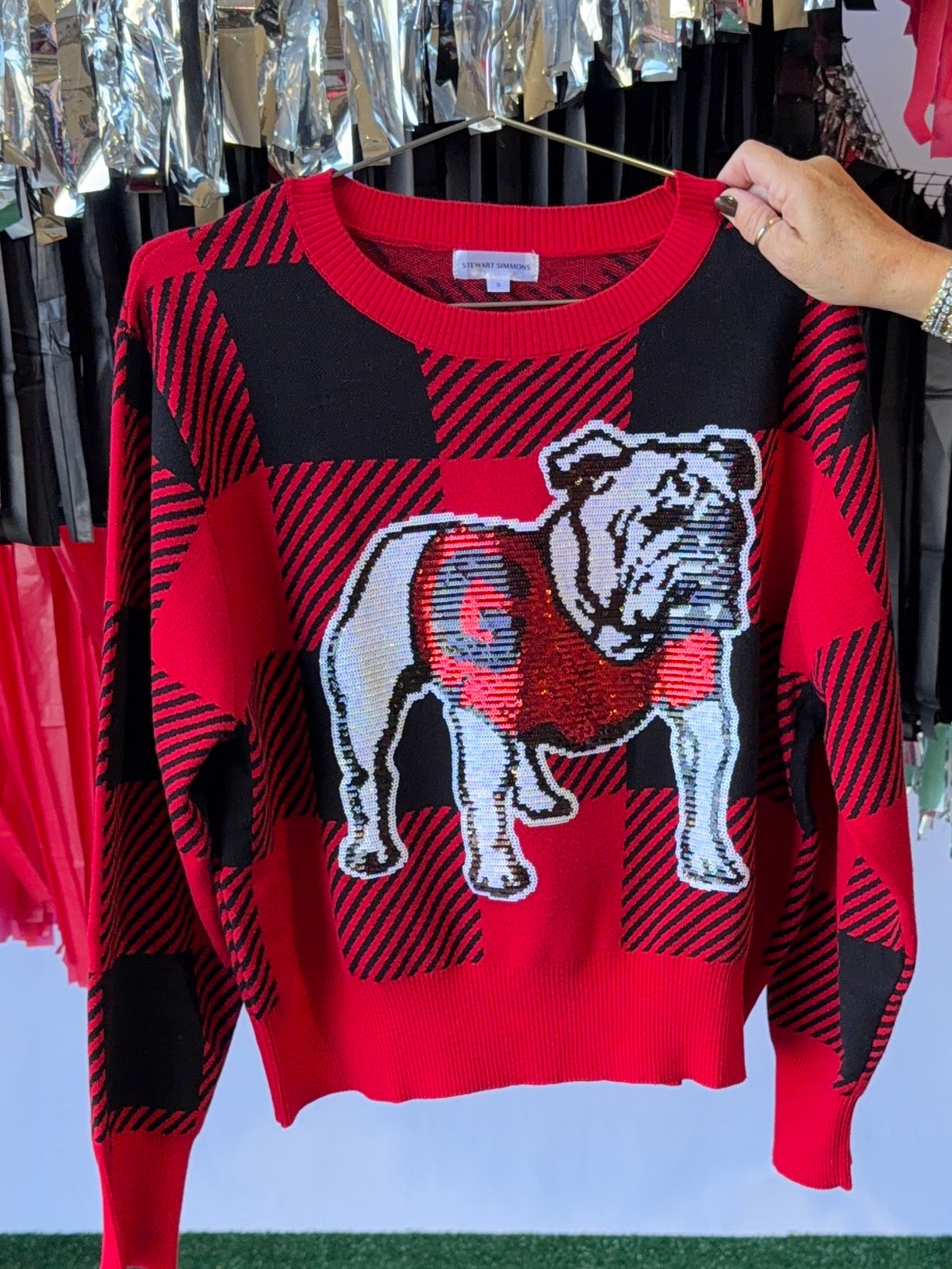 Licensed black and red sweater sequin bulldog