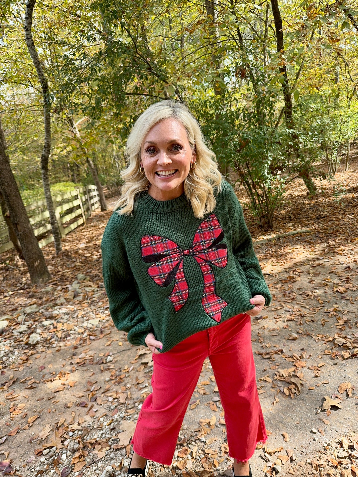 Green Christmas Sweater plaid ribbon bow