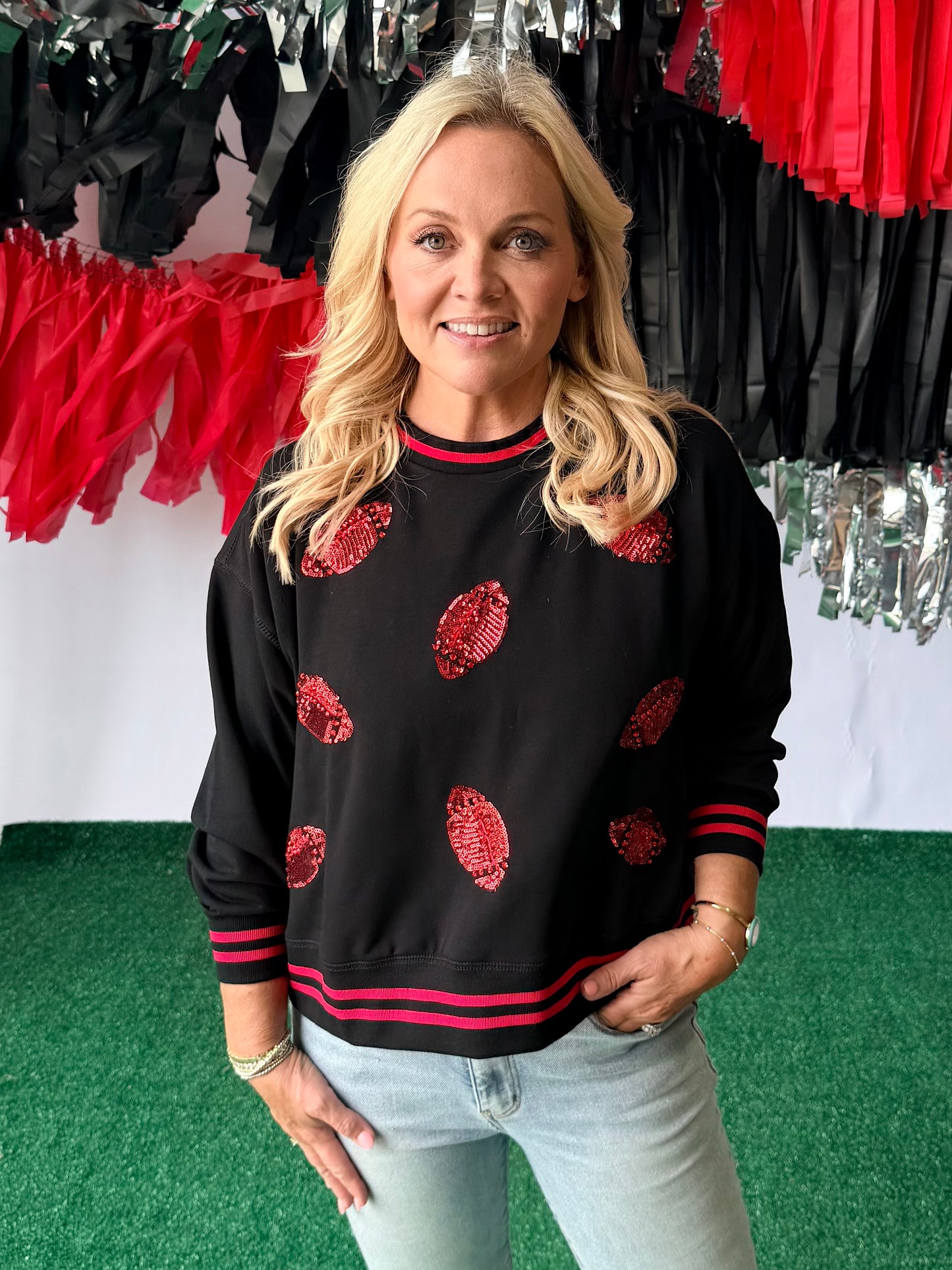 Black and red football sequin boutique luxury sweatshirt