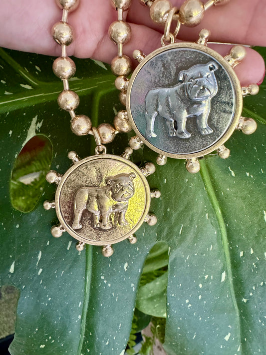 Silver or gold bulldog medallion beaded necklace