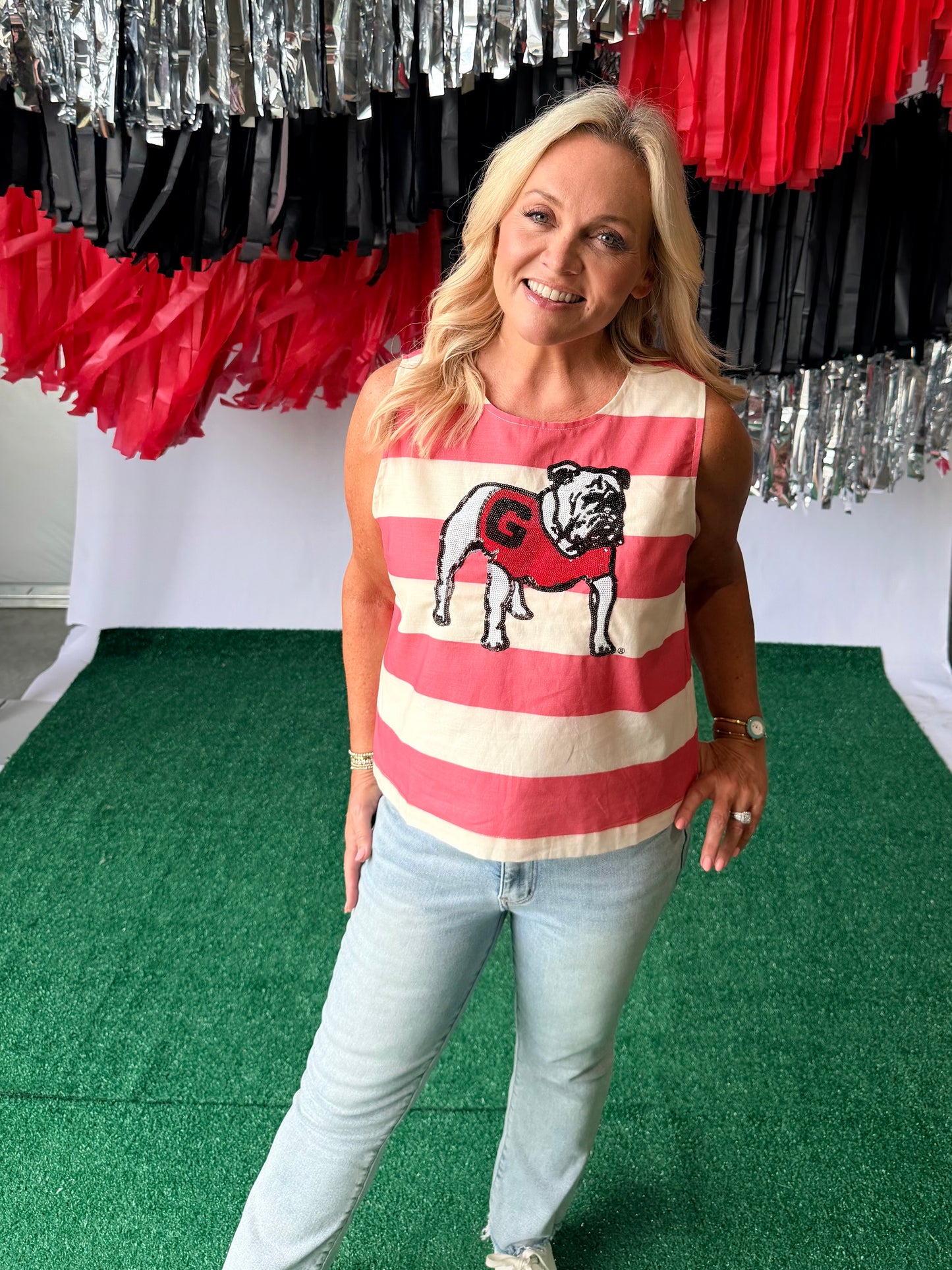 Striped top with sequin bulldog licensed up to size 3XL