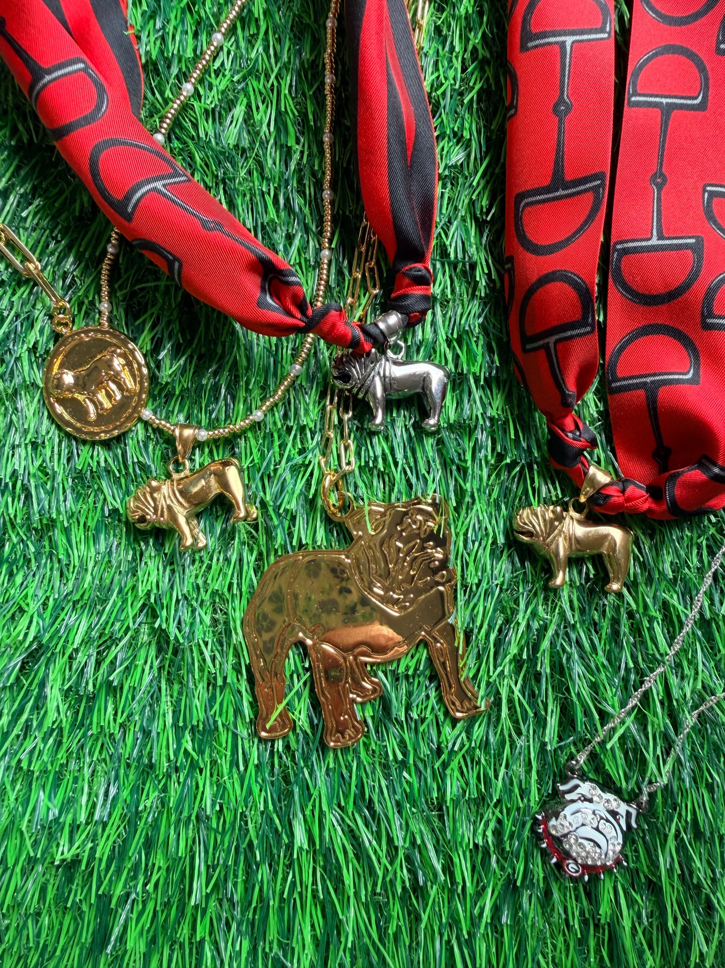 Bulldog charm ( full body) on gold beaded necklace