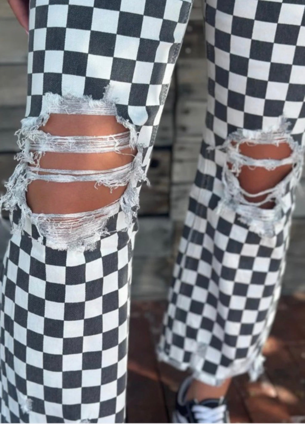 Game day black and white checked distressed raw edge jeans