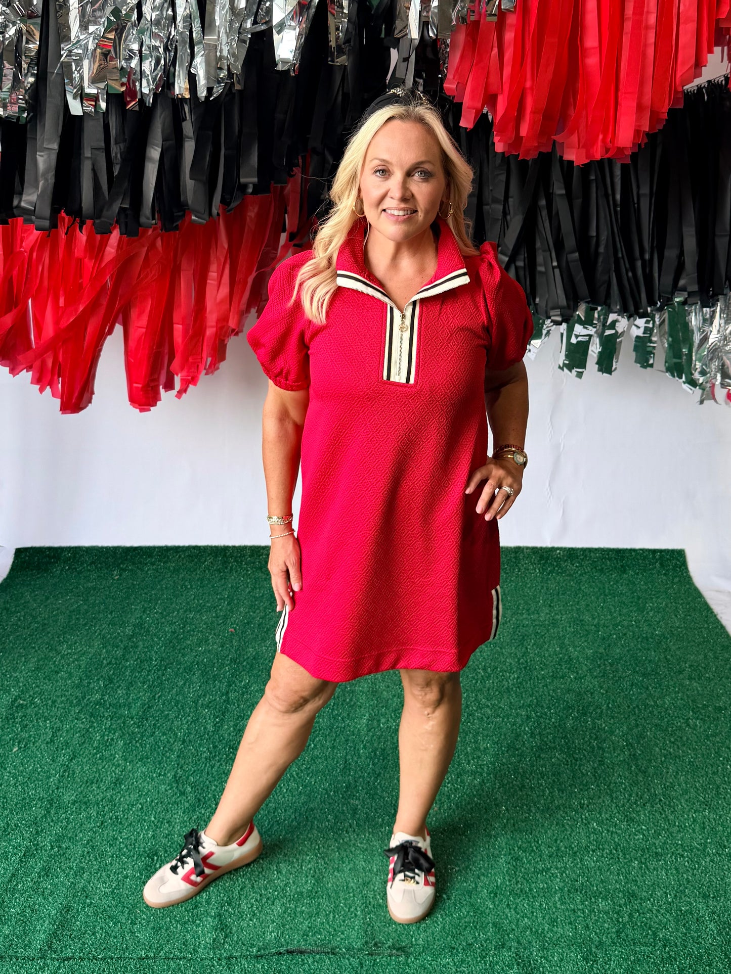 Red active wear style dress with trim