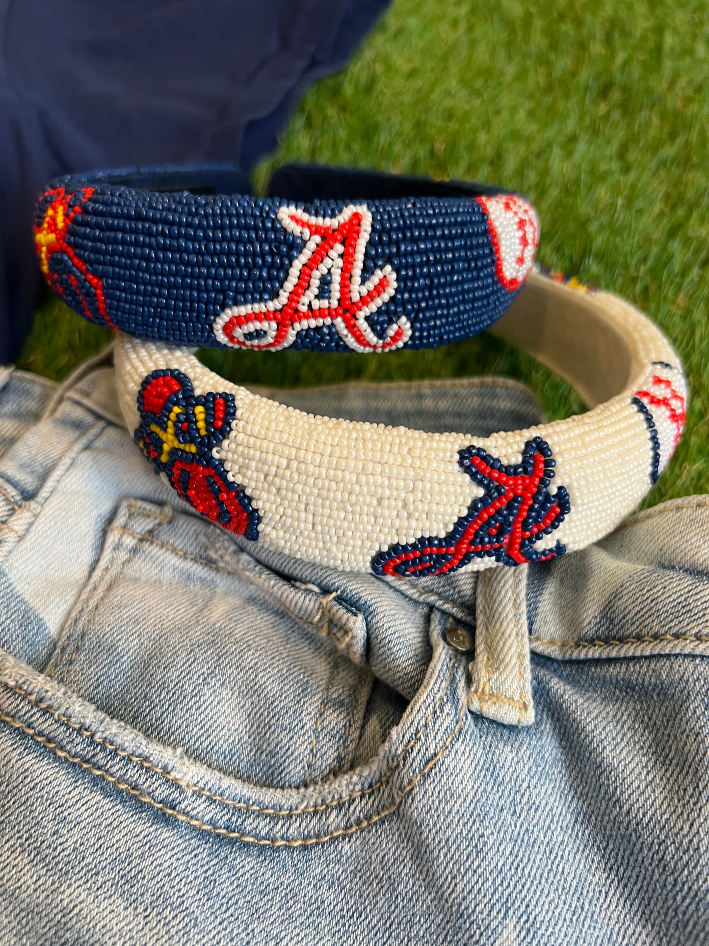 Beaded headband navy baseball