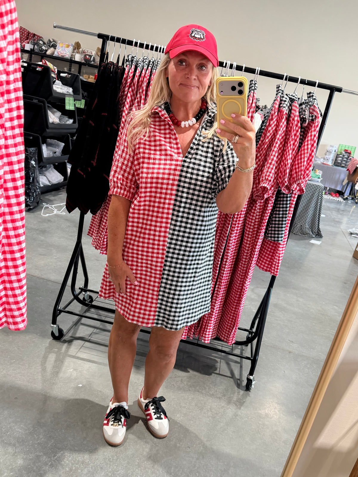 Gingham black and red and white shorter version dress