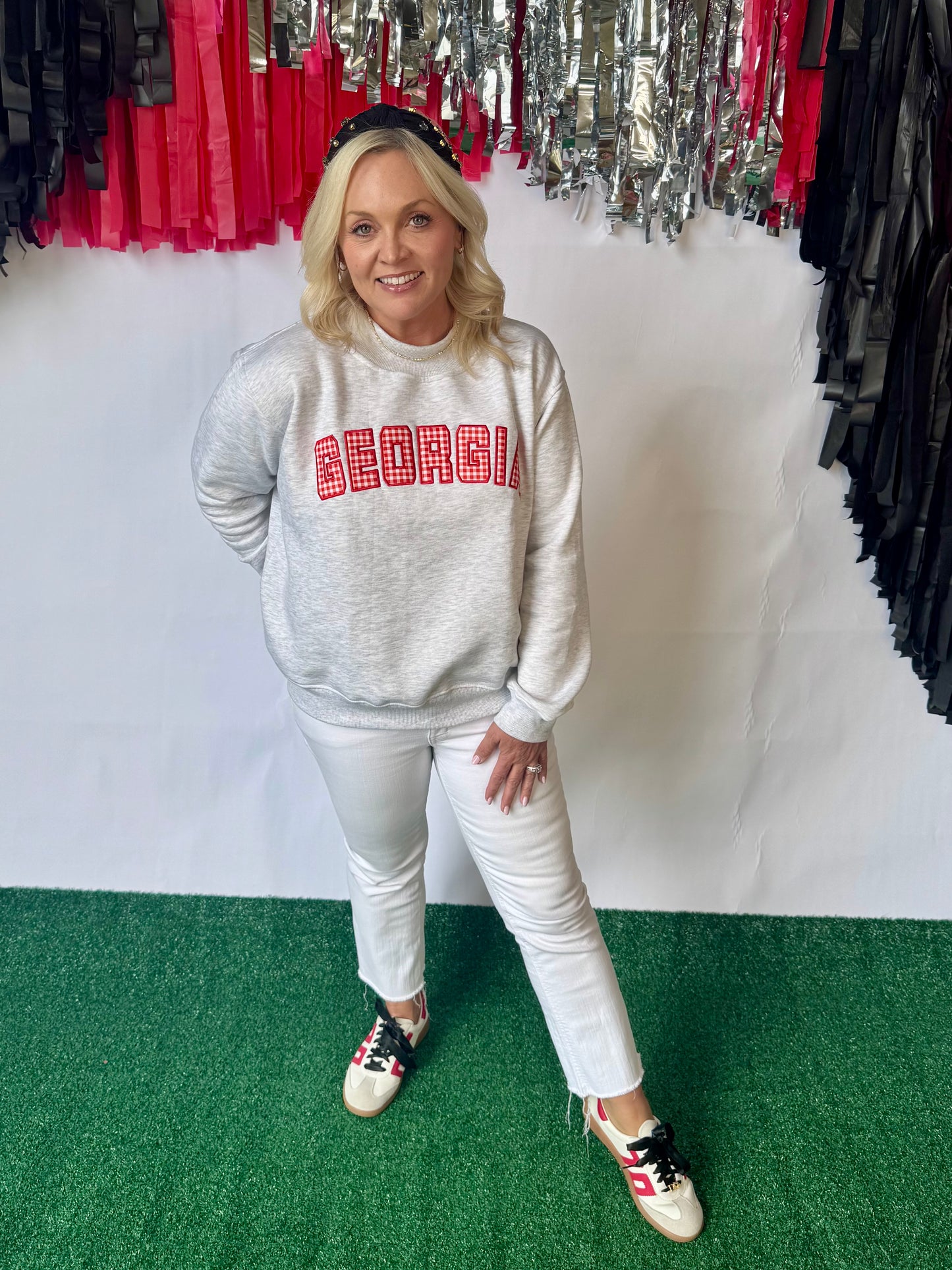 Licensed mock neck ash gray gingham embroidered Georgia