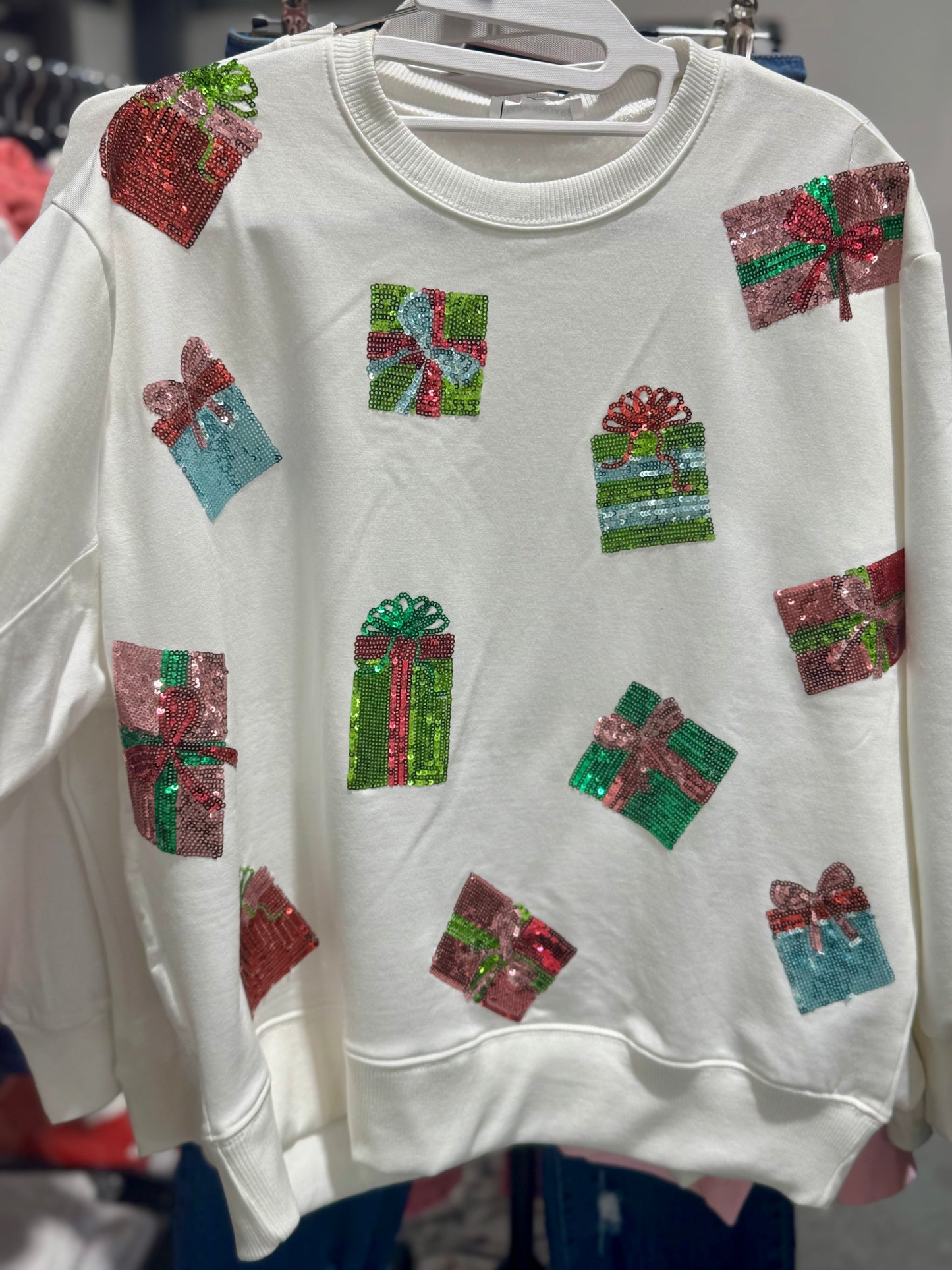 Sequin Christmas present boutique style sweatshirt