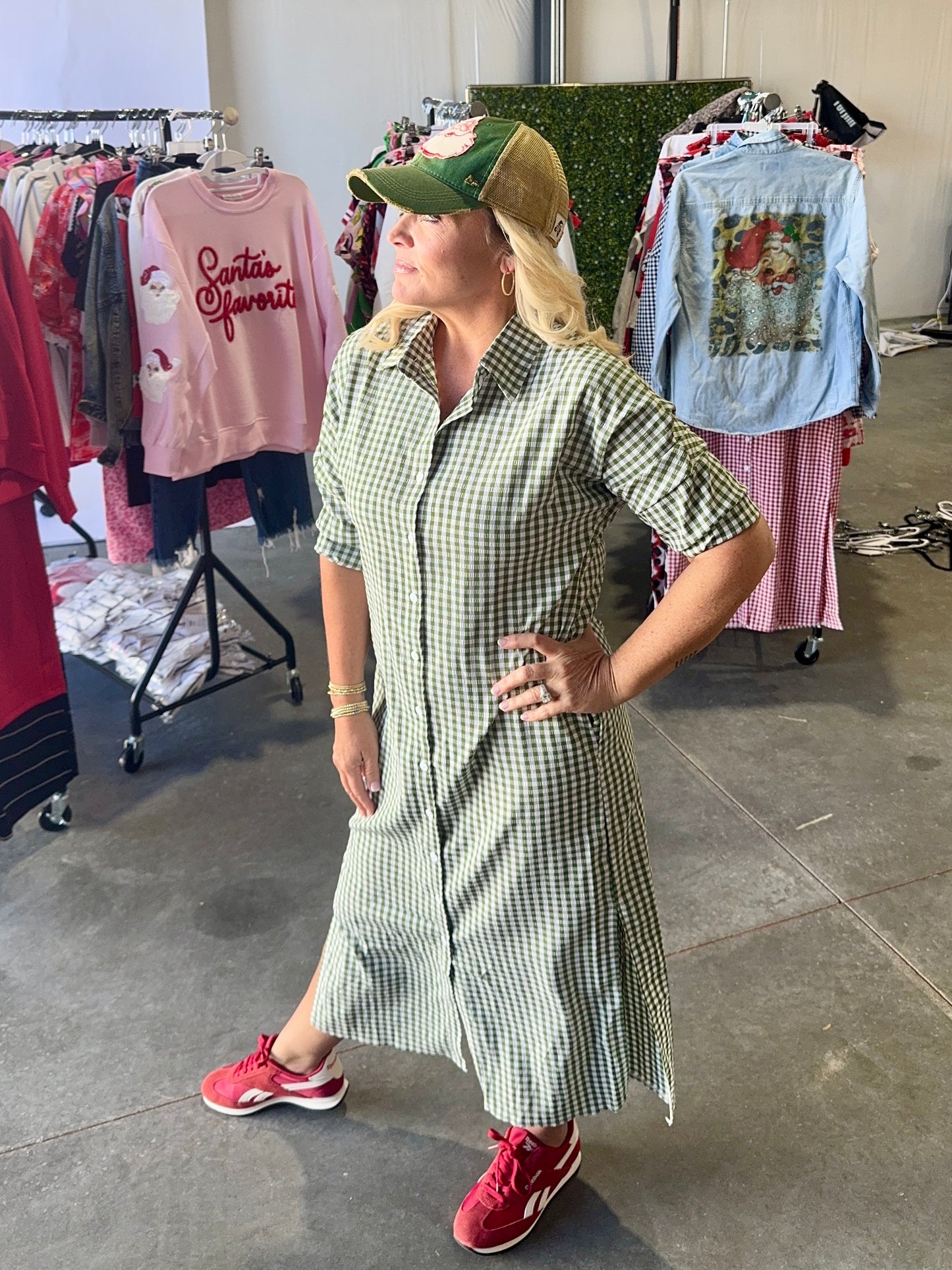 Green gingham shirt dress