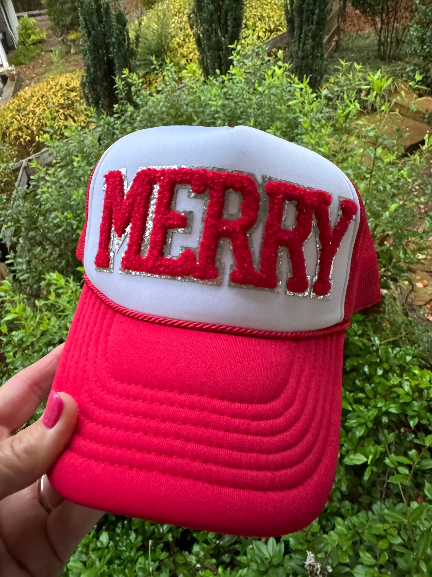 Christmas hat red and white Merry patch ( trucker chain sold separately)