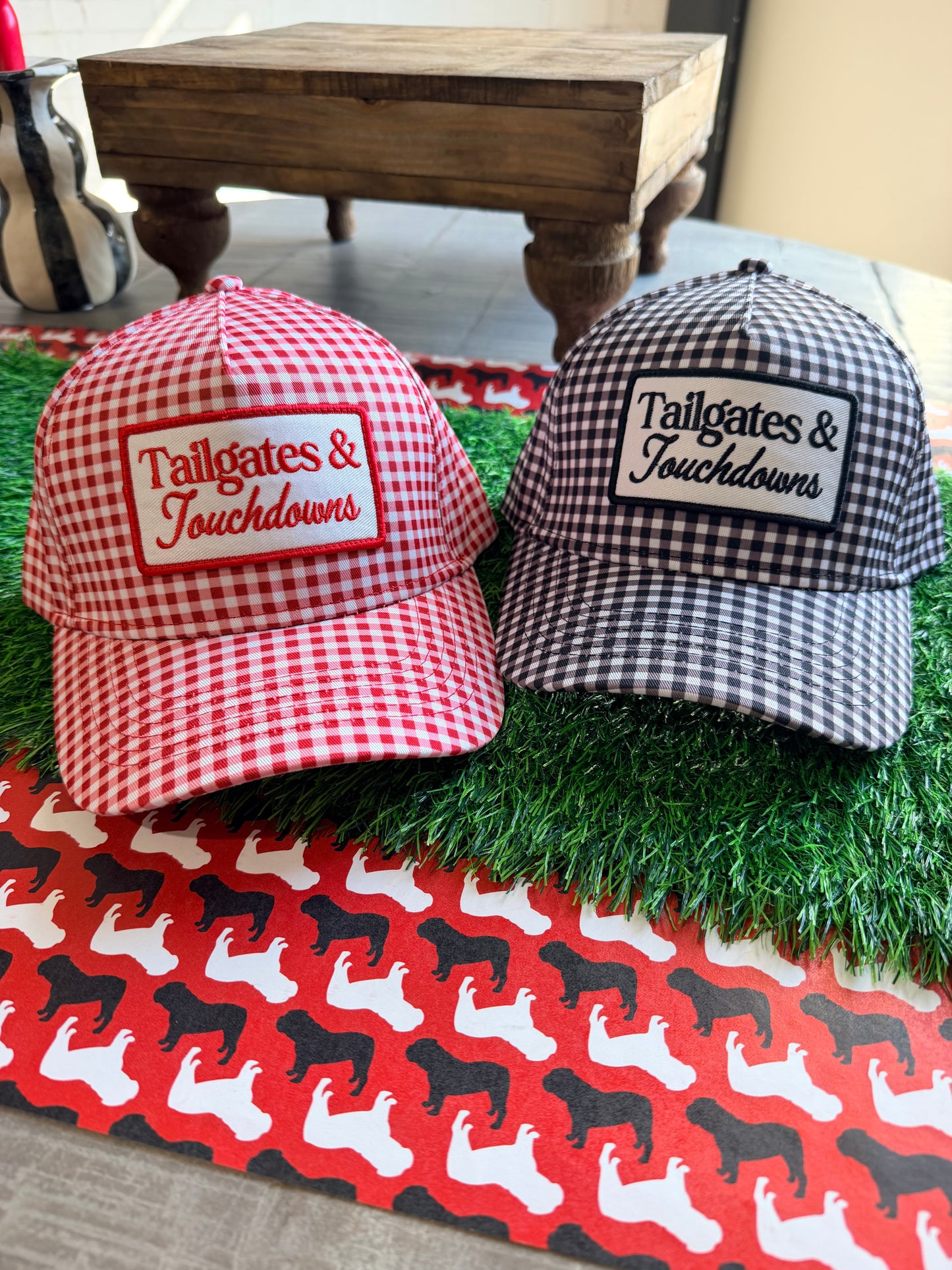 Red and white gingham hat