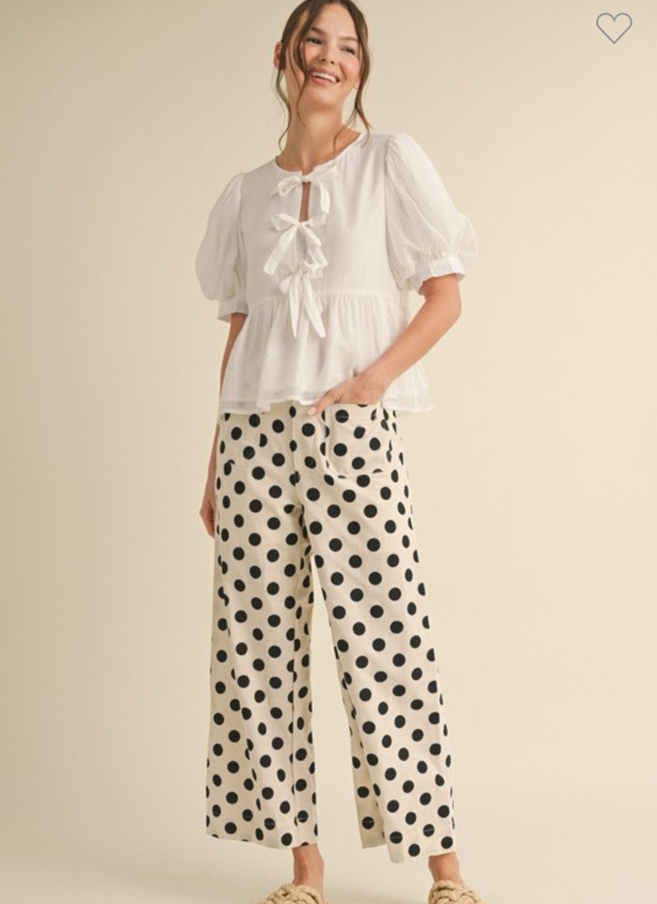 Off white and black polka dot wide leg pants
