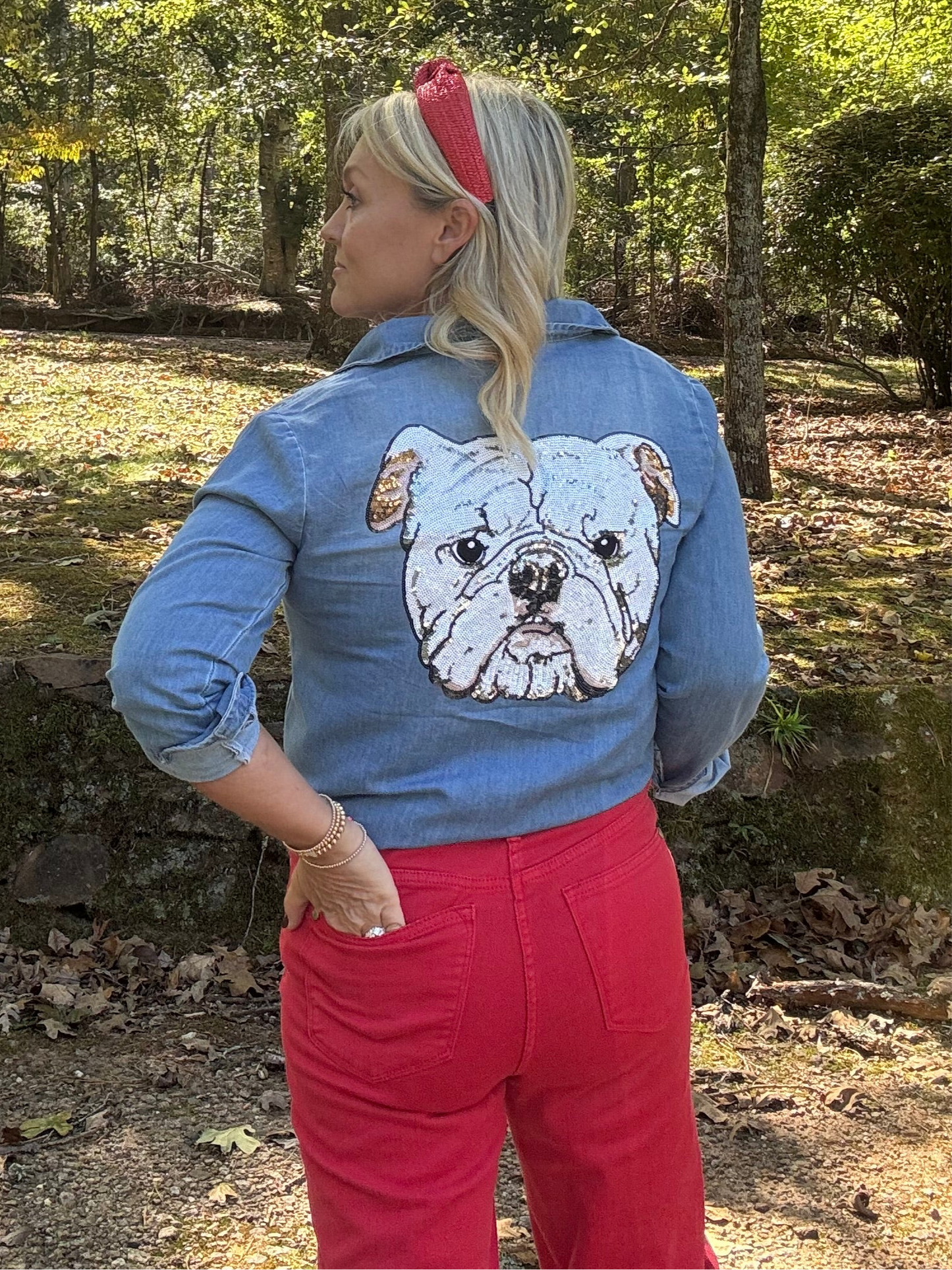 Denim shirt sequin dog - marked these down this week only!